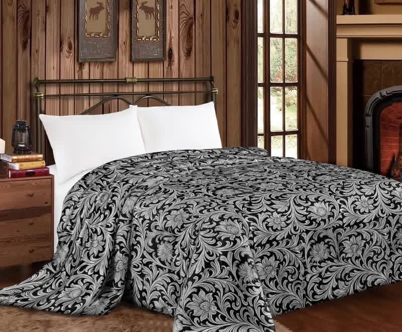 Black Tooled Leather Silver Gray Super Plush King Blanket
