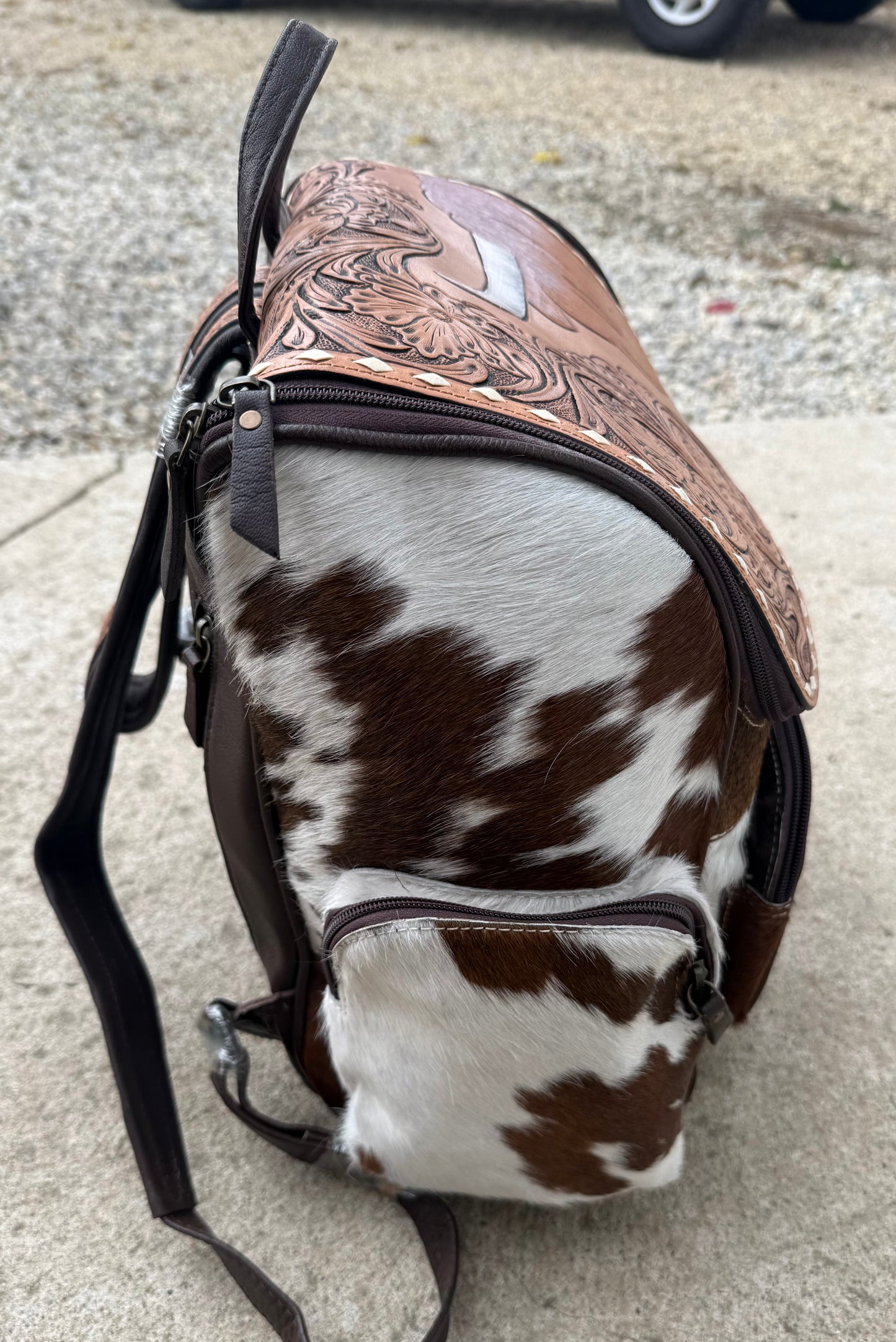 Tooled Leather Highland Cow Brown Cowhide Backpack / Diaper Bag