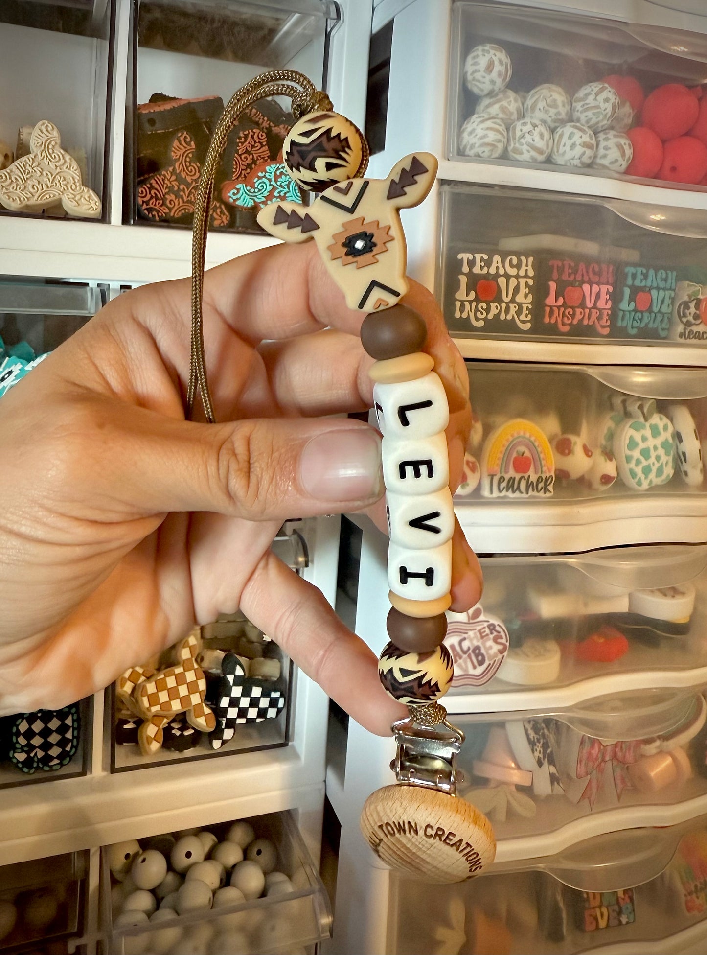 Brown Aztec Cow Custom Name Pacifier Holder