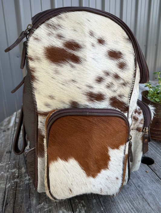 Tooled Leather Spotted Brown Cowhide Leather Backpack / Diaper Bag