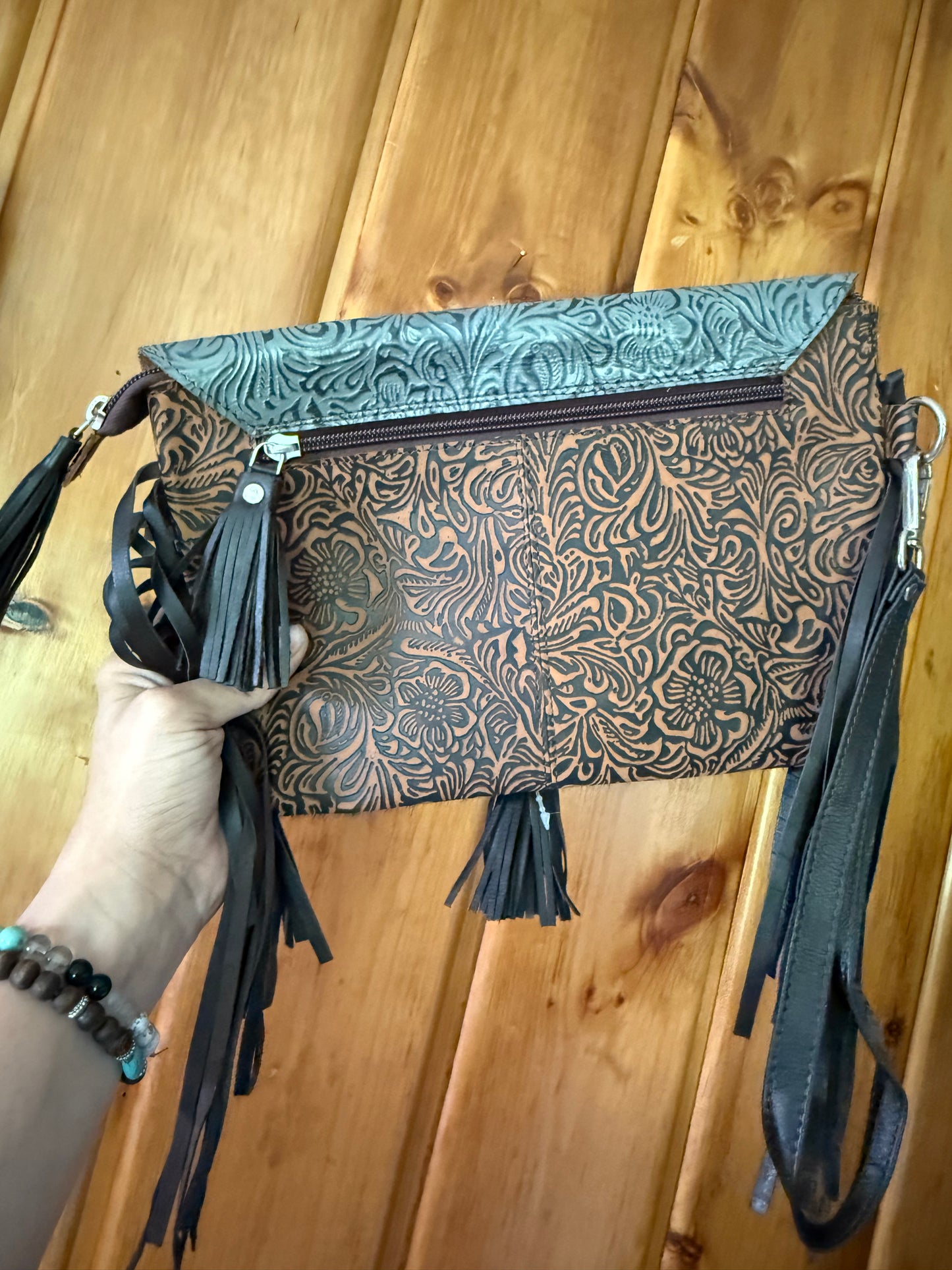 Large Cowhide and Tooled Leather Wristlet
