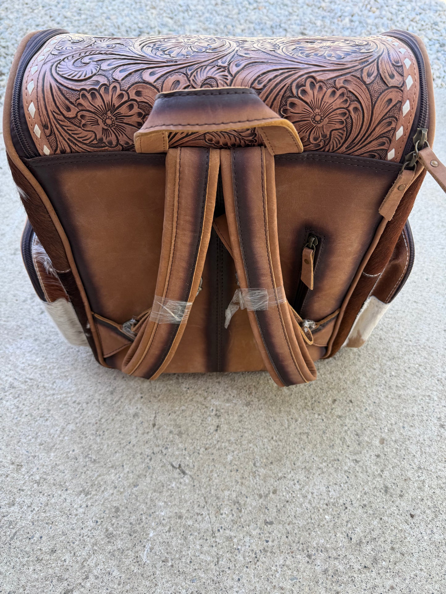 Tooled Leather Spotted Brown Cowhide Rustic Leather Backpack / Diaper Bag