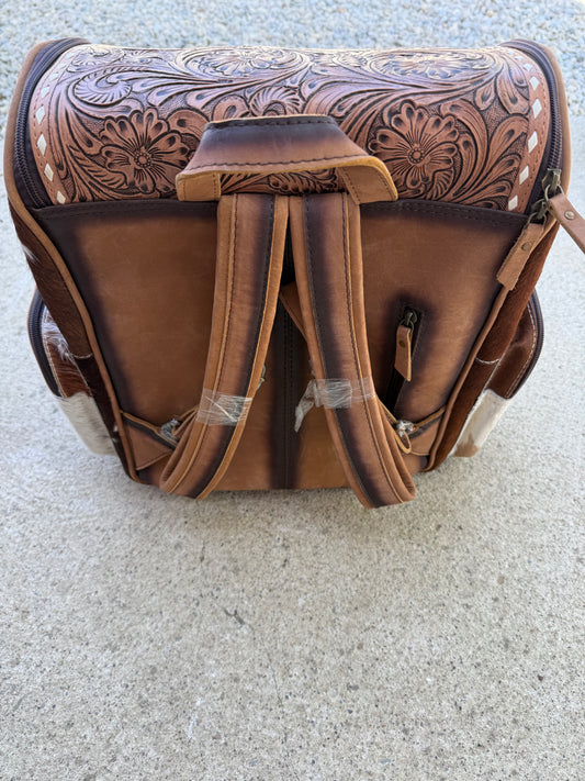 Tooled Leather Spotted Brown Cowhide Rustic Leather Backpack / Diaper Bag