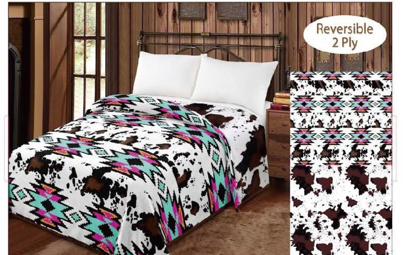 Pink Turquoise Aztec Brown Cowhide Reversible Blanket