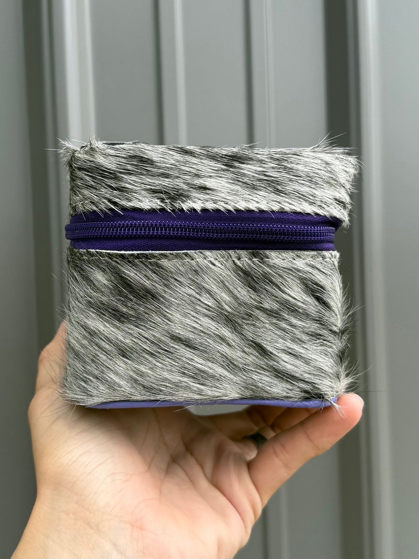 Lavender Purple Tooled Top Speckled Cowhide Square Jewelry Zipper Box