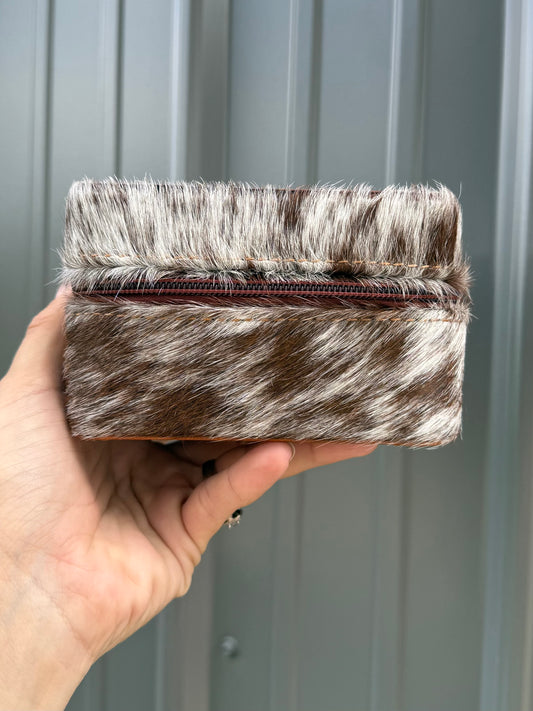 Rust Brown Red Tooled Top Brown Speckled Cowhide Square Jewelry Zipper Box