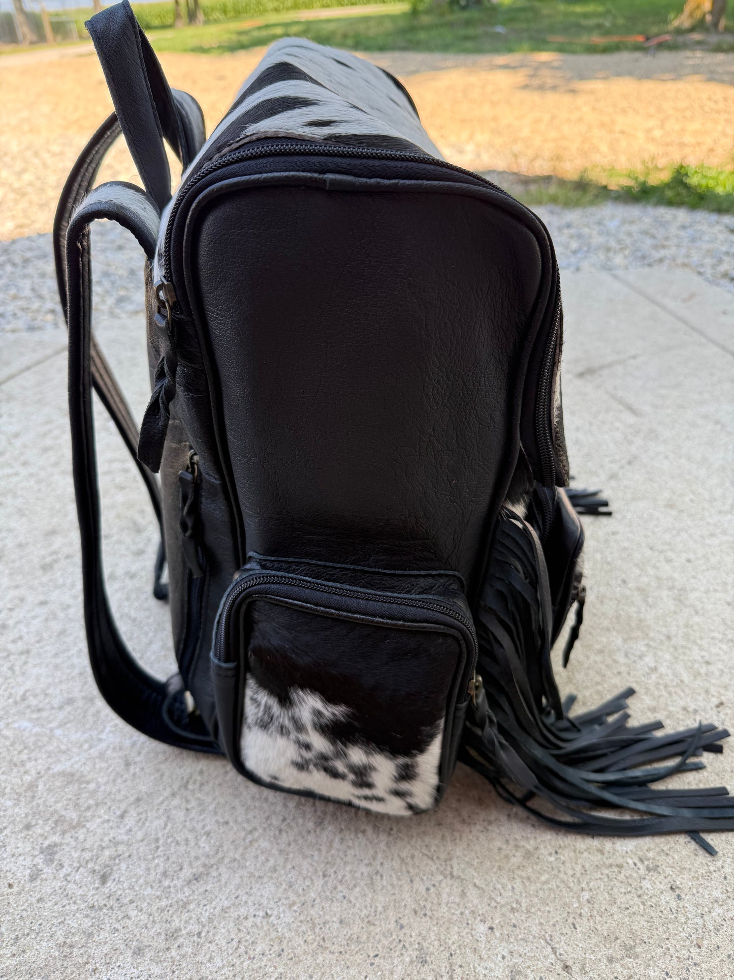 Black Leather Fringe Cowhide Backpack / Diaper Bag