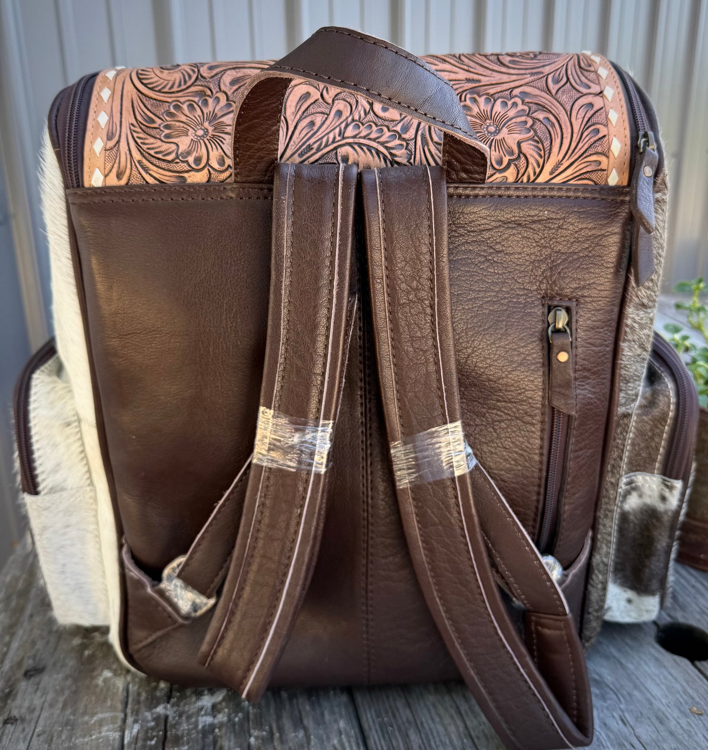 Tooled Leather Spotted Gray / Brown Cowhide Backpack / Diaper Bag