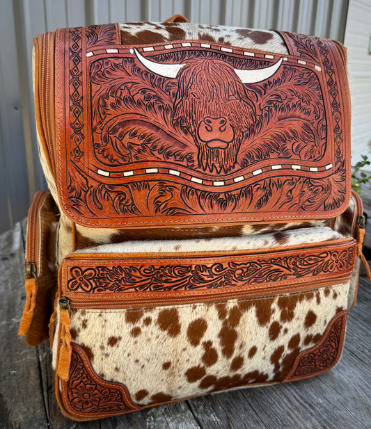 Highland Cow Tooled Leather Brown Cowhide Backpack / Diaper Bag