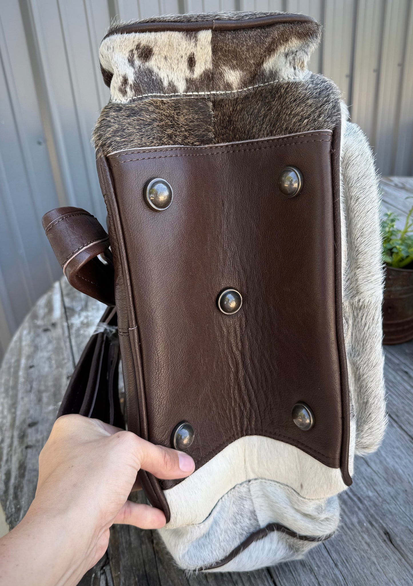 Tooled Leather Spotted Gray / Brown Cowhide Backpack / Diaper Bag