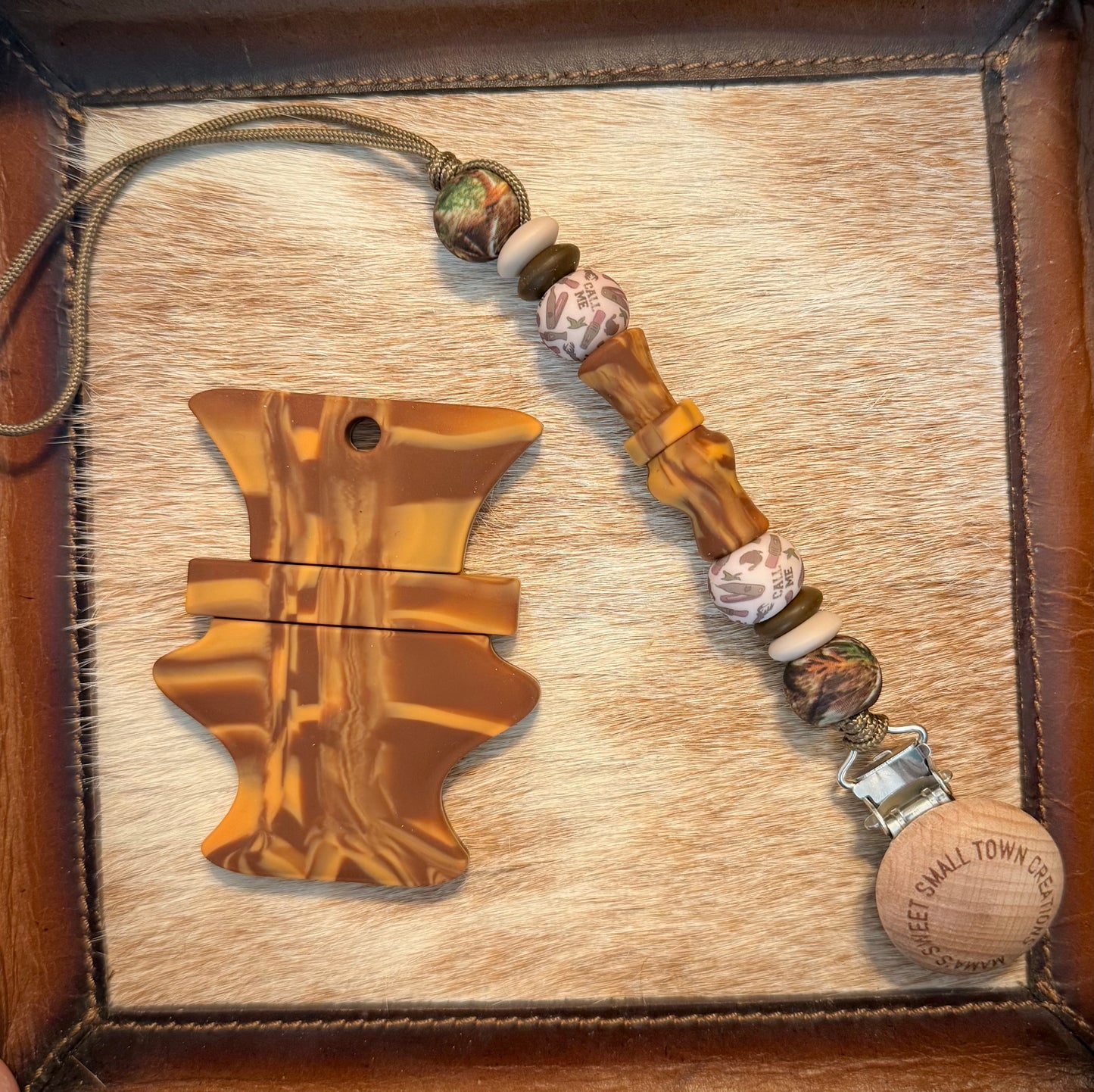 Wood Grain Duck Call Teether with Camo Call Me Clip