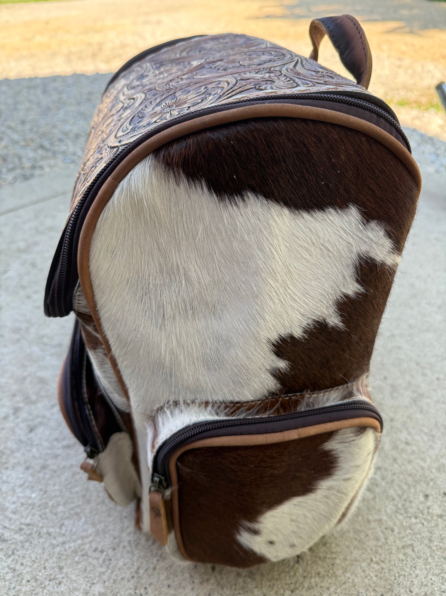 Tooled Leather Spotted Brown Cowhide Rustic Leather Backpack / Diaper Bag