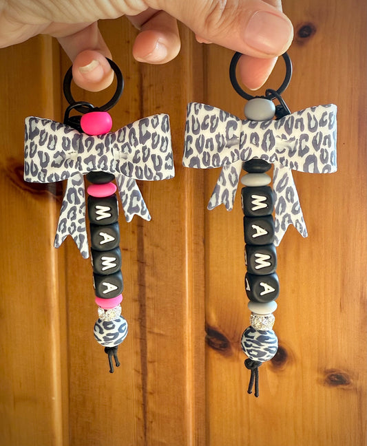 Gray Cheetah Mama Keychain
