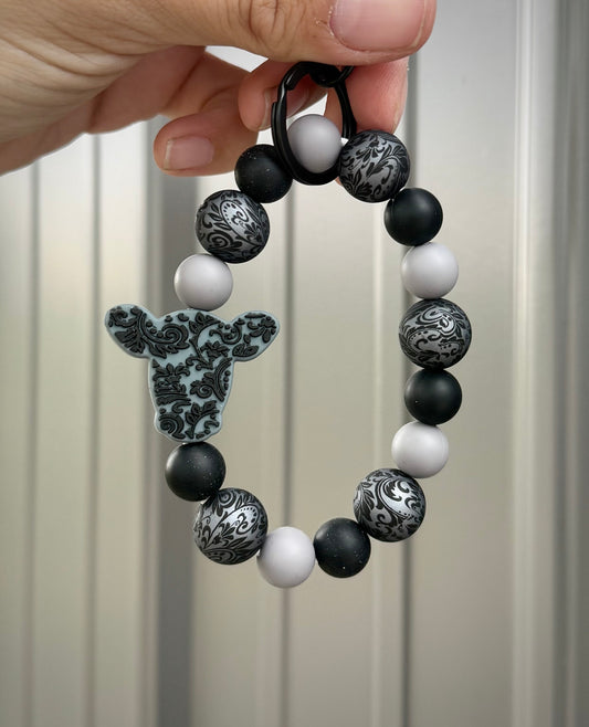 Tooled Cow Black Silver Wristlet