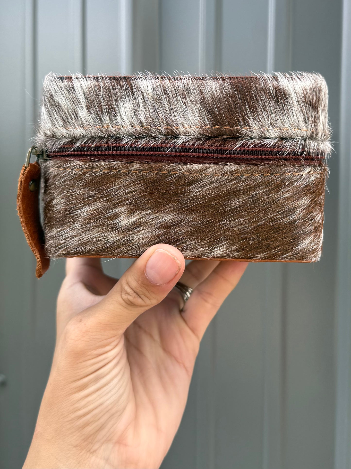 Rust Brown Red Tooled Top Brown Speckled Cowhide Square Jewelry Zipper Box