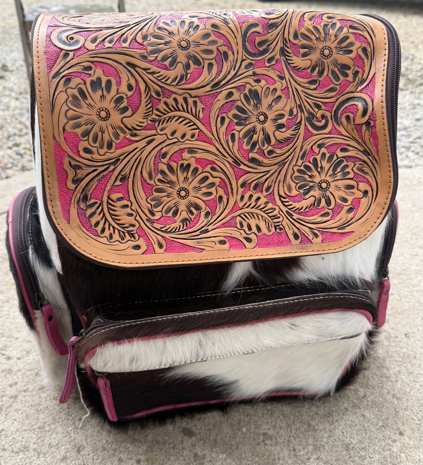 Pink Accent Tooled Leather Black Cowhide Backpack / Diaper Bag