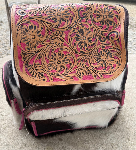Pink Accent Tooled Leather Black Cowhide Backpack / Diaper Bag