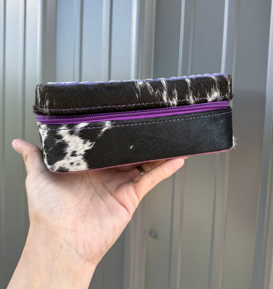 Tooled Purple Floral Spotted Cowhide Rectangle Jewelry Zipper Box