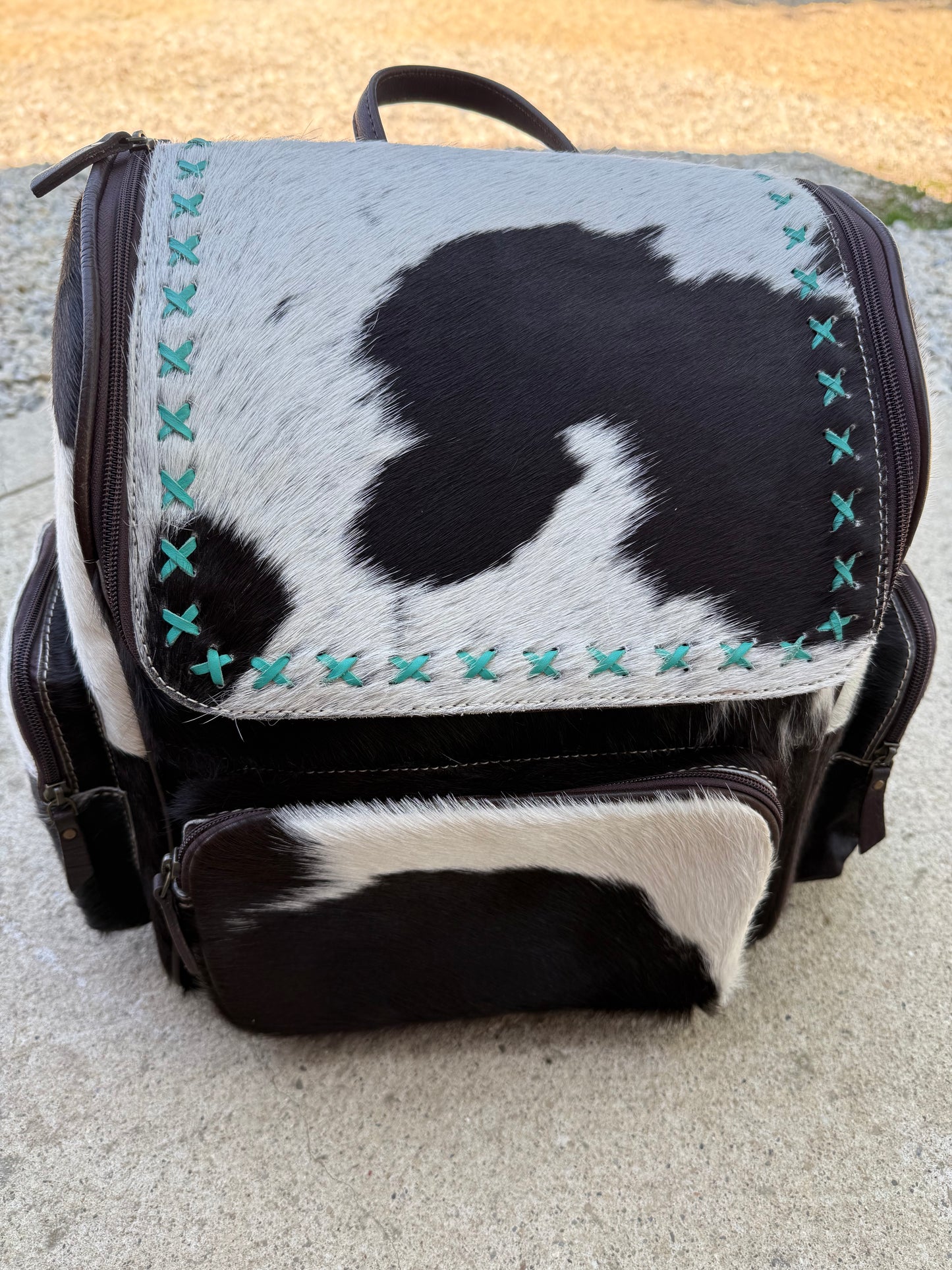 Black & White Cowhide Turquoise Stitching Backpack / Diaper Bag