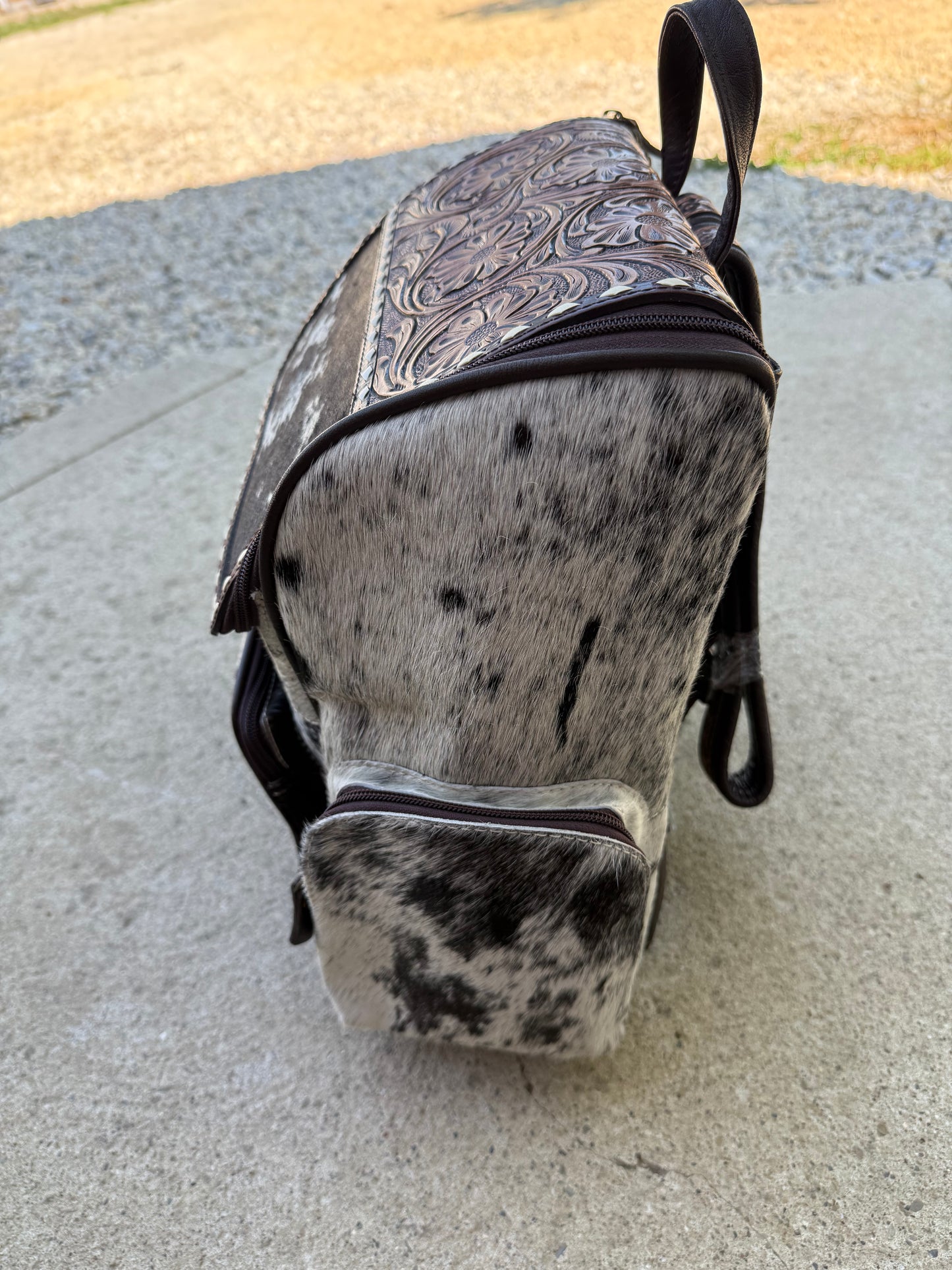 Tooled Leather Dark Brown Speckled Cowhide Backpack / Diaper Bag