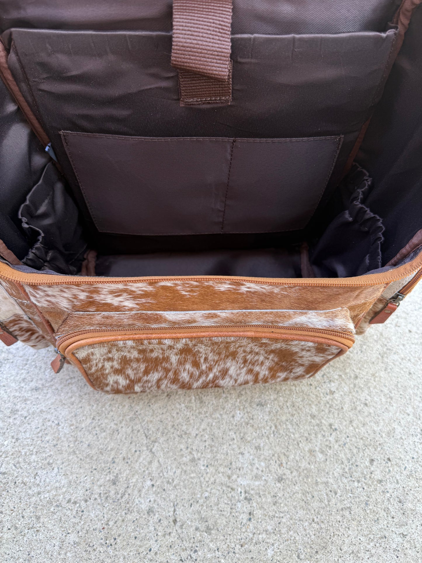 Tooled Leather Slant Brown Speckled Cowhide Backpack / Diaper Bag
