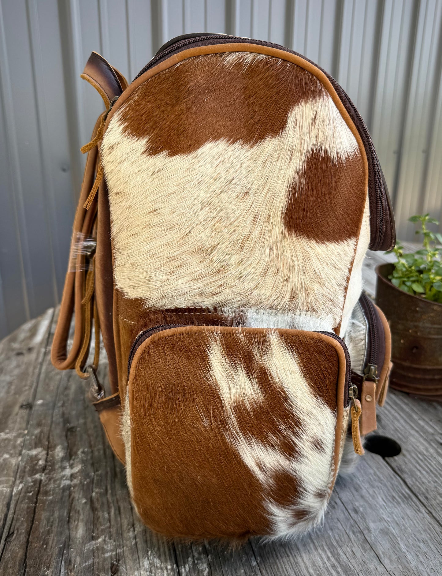 Tooled Leather Speckled Brown Cowhide Rustic Leather Backpack / Diaper Bag