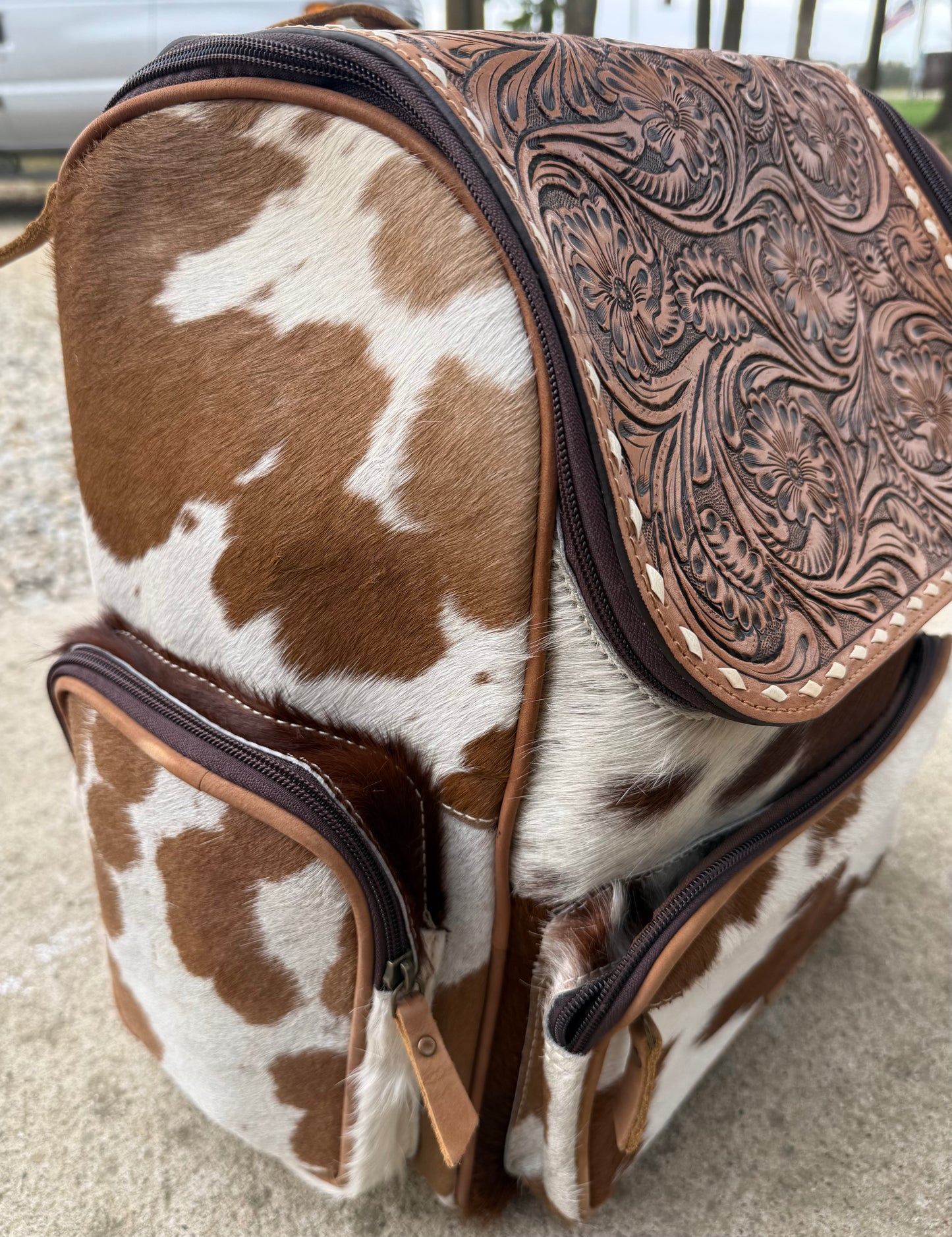 Tooled Leather Brown Cowhide Backpack / Diaper Bag