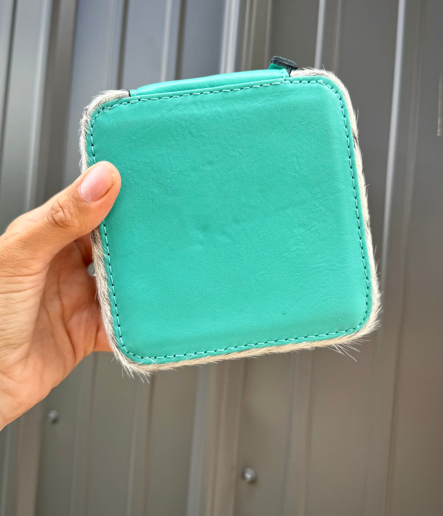 Turquoise Thunderbird Salt & Peeper Speckled Cowhide Square Jewelry Zipper Box