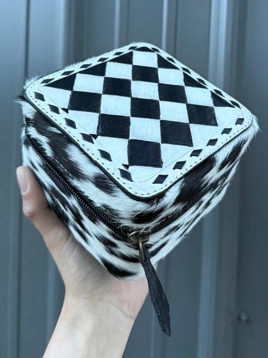 Checkered and Cowhide Square Jewelry Zipper Box