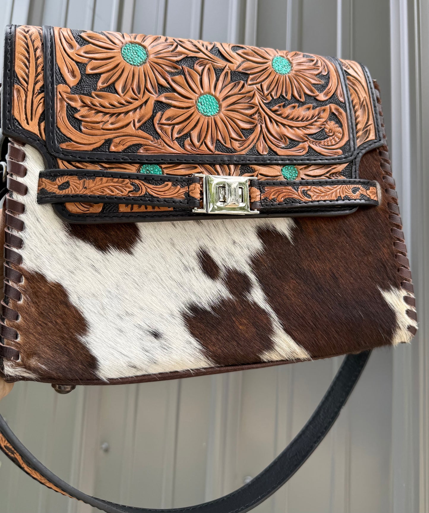 Turquoise Flower Tooled Genuine Cowhide Purse