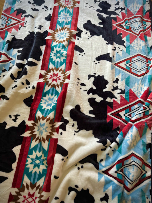 Red Aztec Cow Print King Size Super Plush Blanket