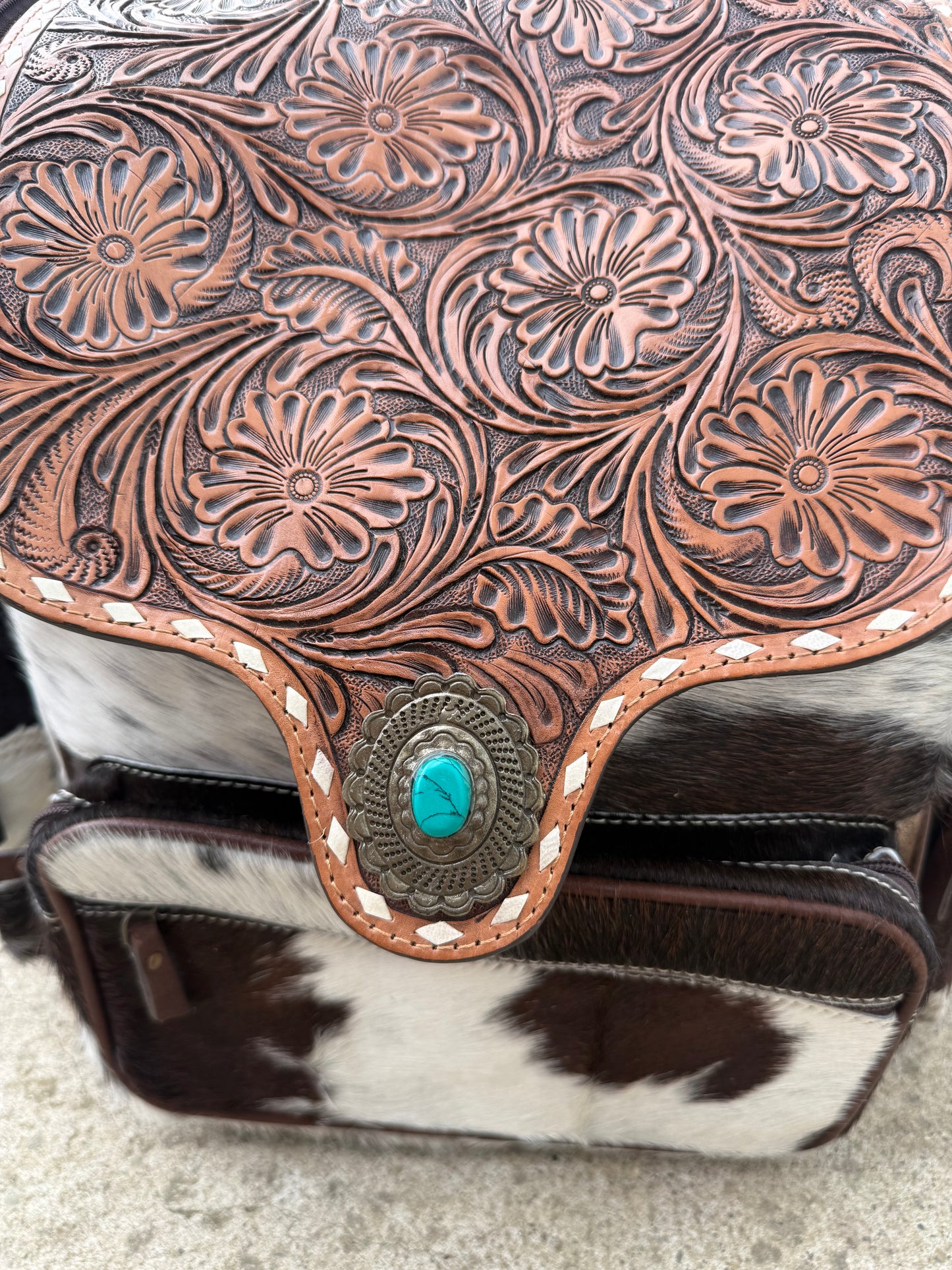 Tooled Leather Brown Cowhide Turquoise Concho Backpack / Diaper Bag