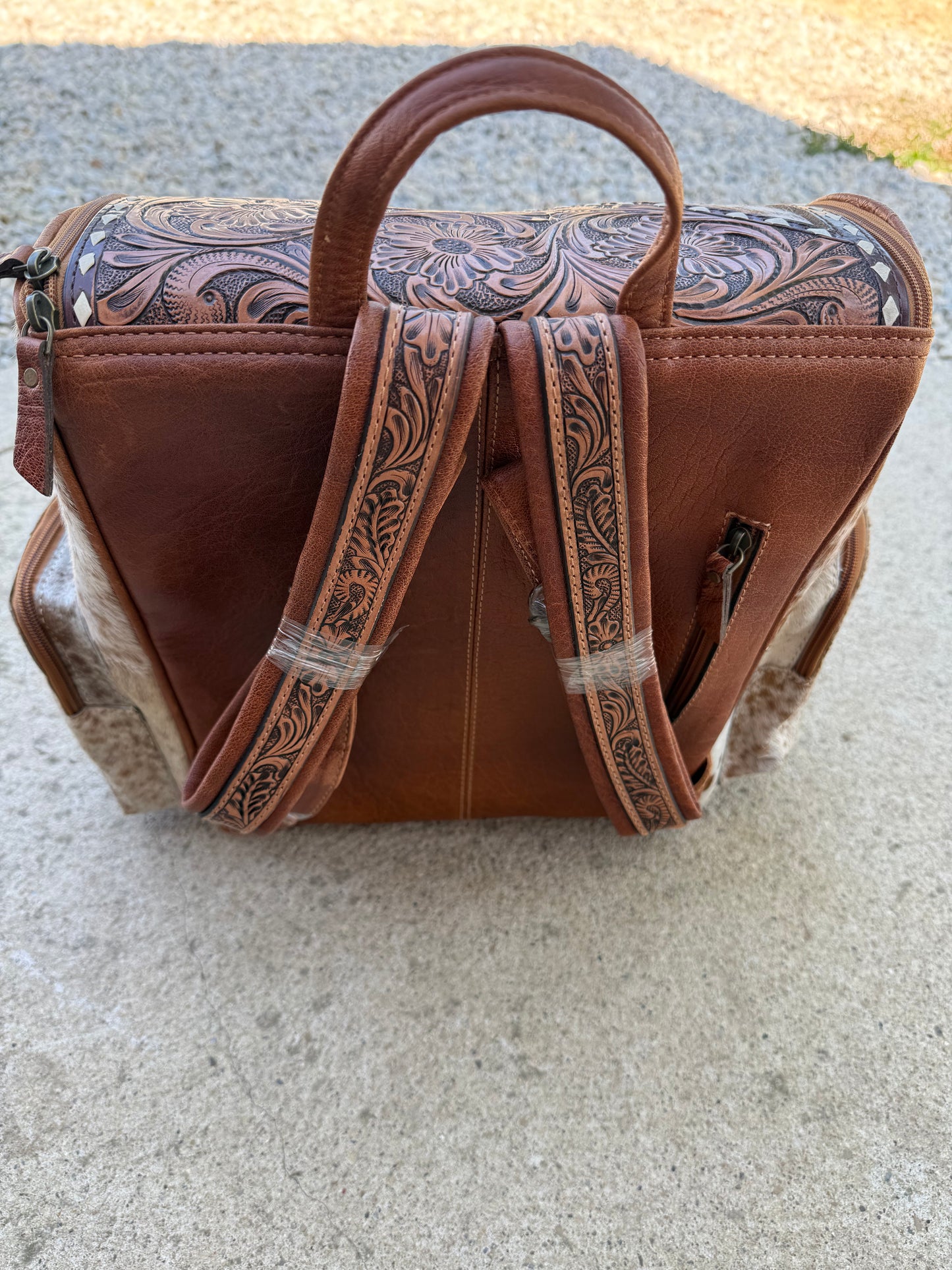 Tooled Leather Slant Brown Speckled Cowhide Backpack / Diaper Bag