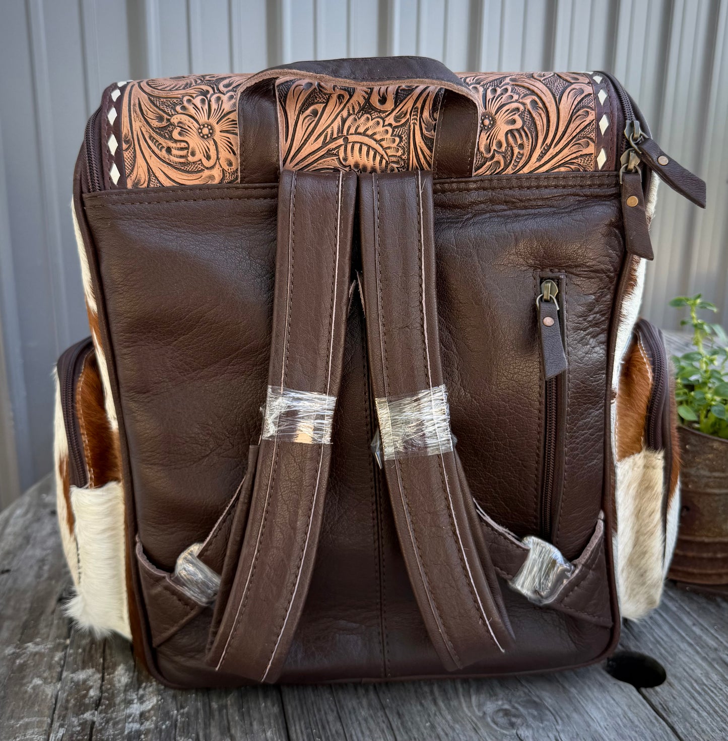 Tooled Leather Spotted Brown Cowhide Leather Backpack / Diaper Bag