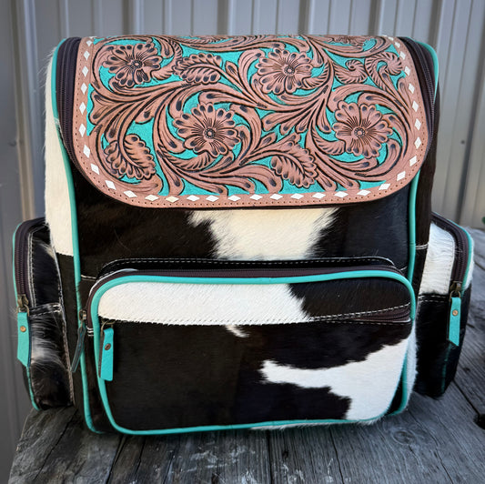 Turquoise Flower Tooled Spotted Black Cowhide Backpack / Diaper Bag