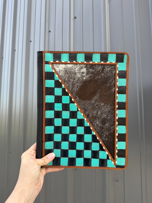 Genuine Leather Turquoise Checkered Cowhide Planner Folders