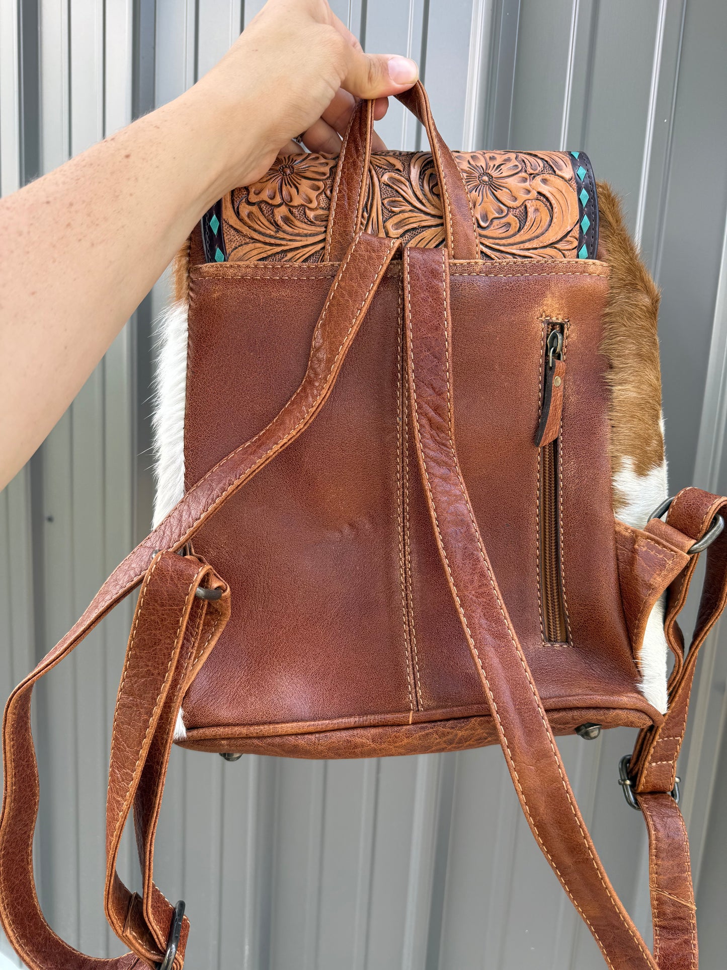 Genuine Tooled Leather Cowhide Turquoise Stone Buckle Mini Backpack