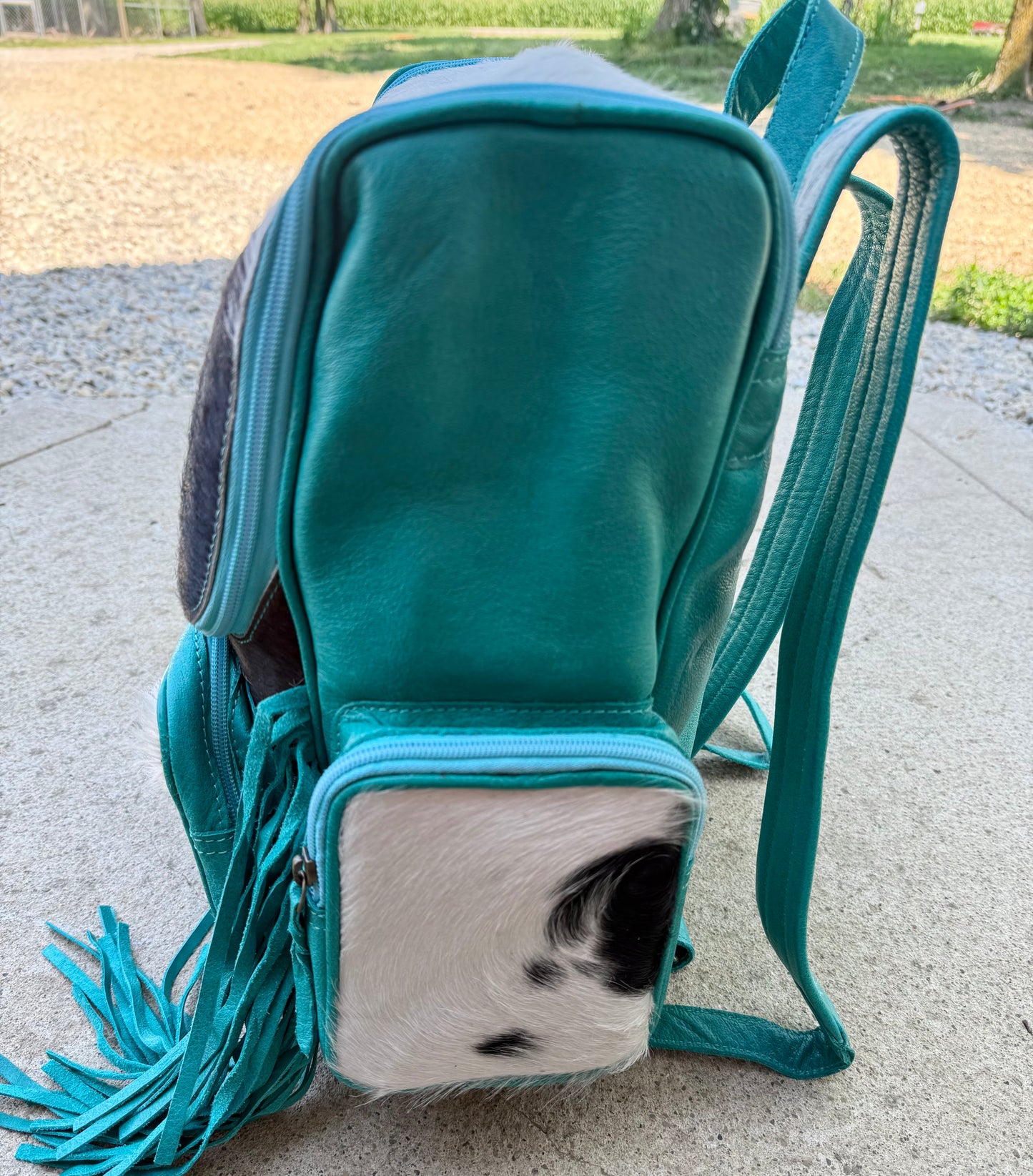 Turquoise Leather Fringe Cowhide Backpack / Diaper Bag