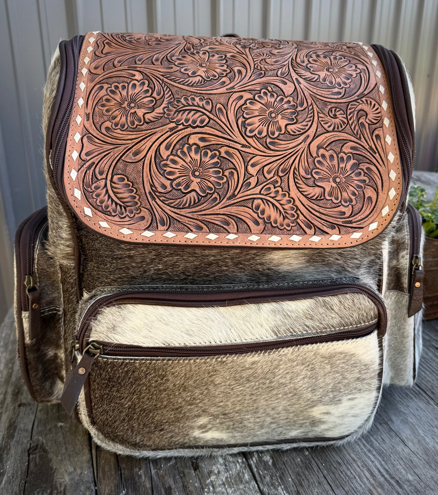 Tooled Leather Spotted Gray / Brown Cowhide Backpack / Diaper Bag