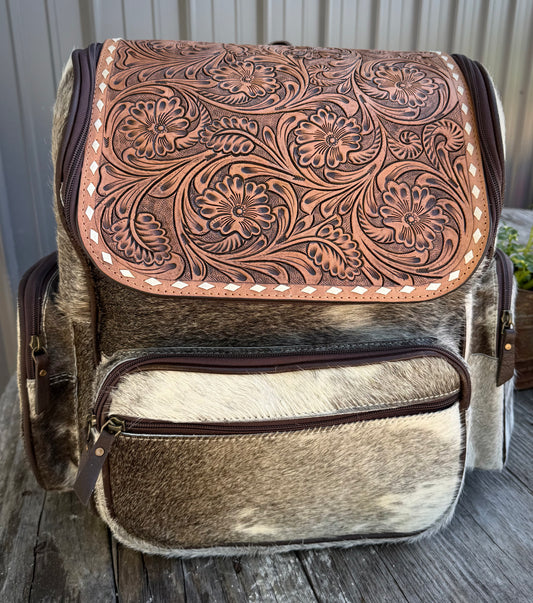 Tooled Leather Spotted Gray / Brown Cowhide Backpack / Diaper Bag