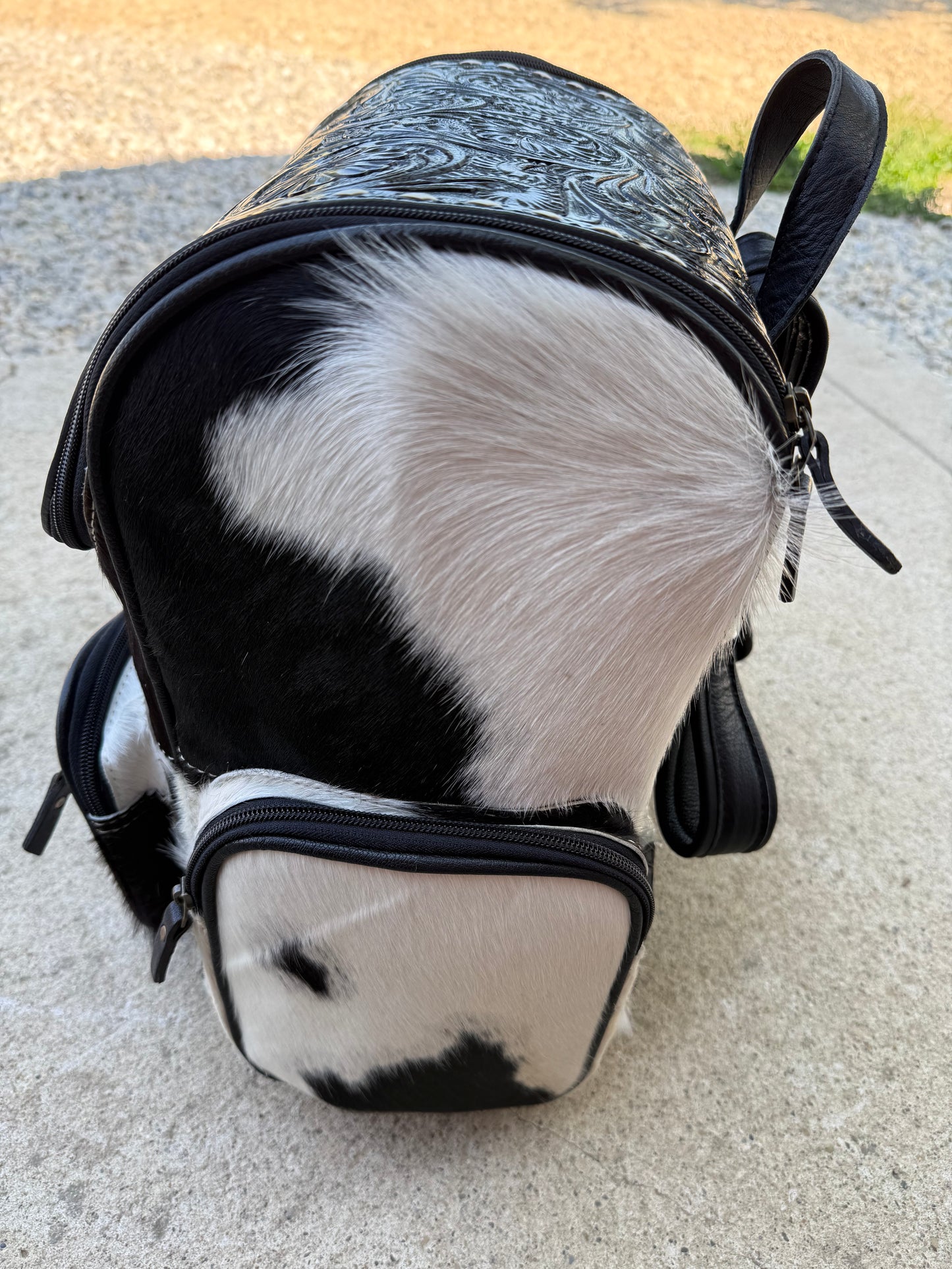 Tooled Leather Black Cowhide Backpack / Diaper Bag