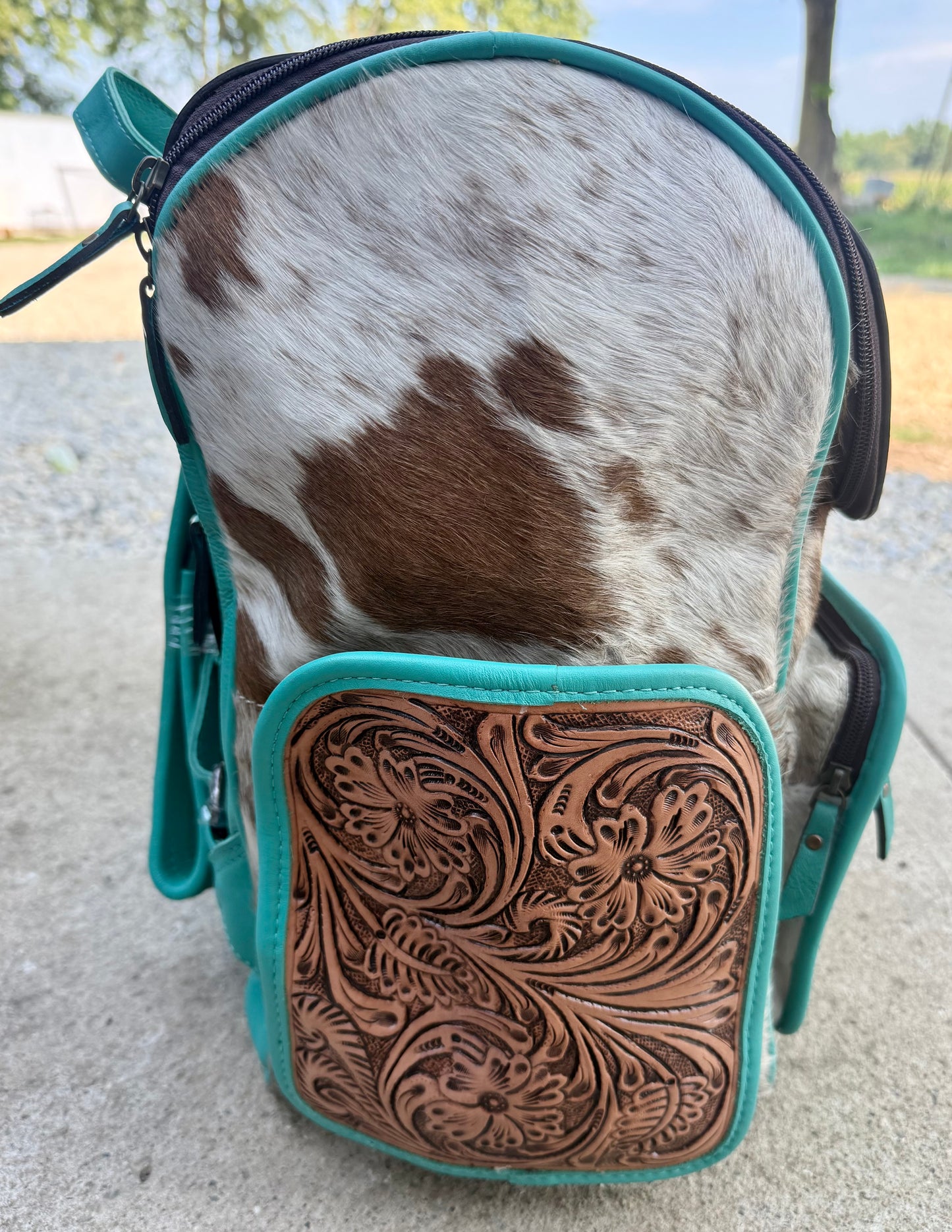Tooled Leather Turquoise Speckled Brown Cowhide Backpack / Diaper Bag