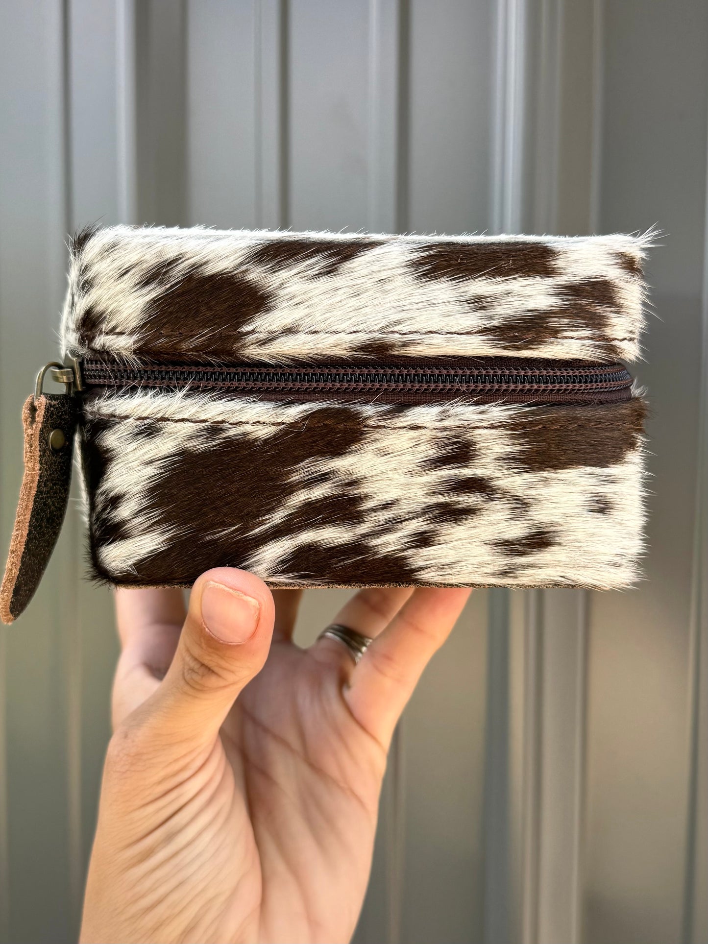 Dark Brown Speckled Cowhide Square Jewelry Zipper Box