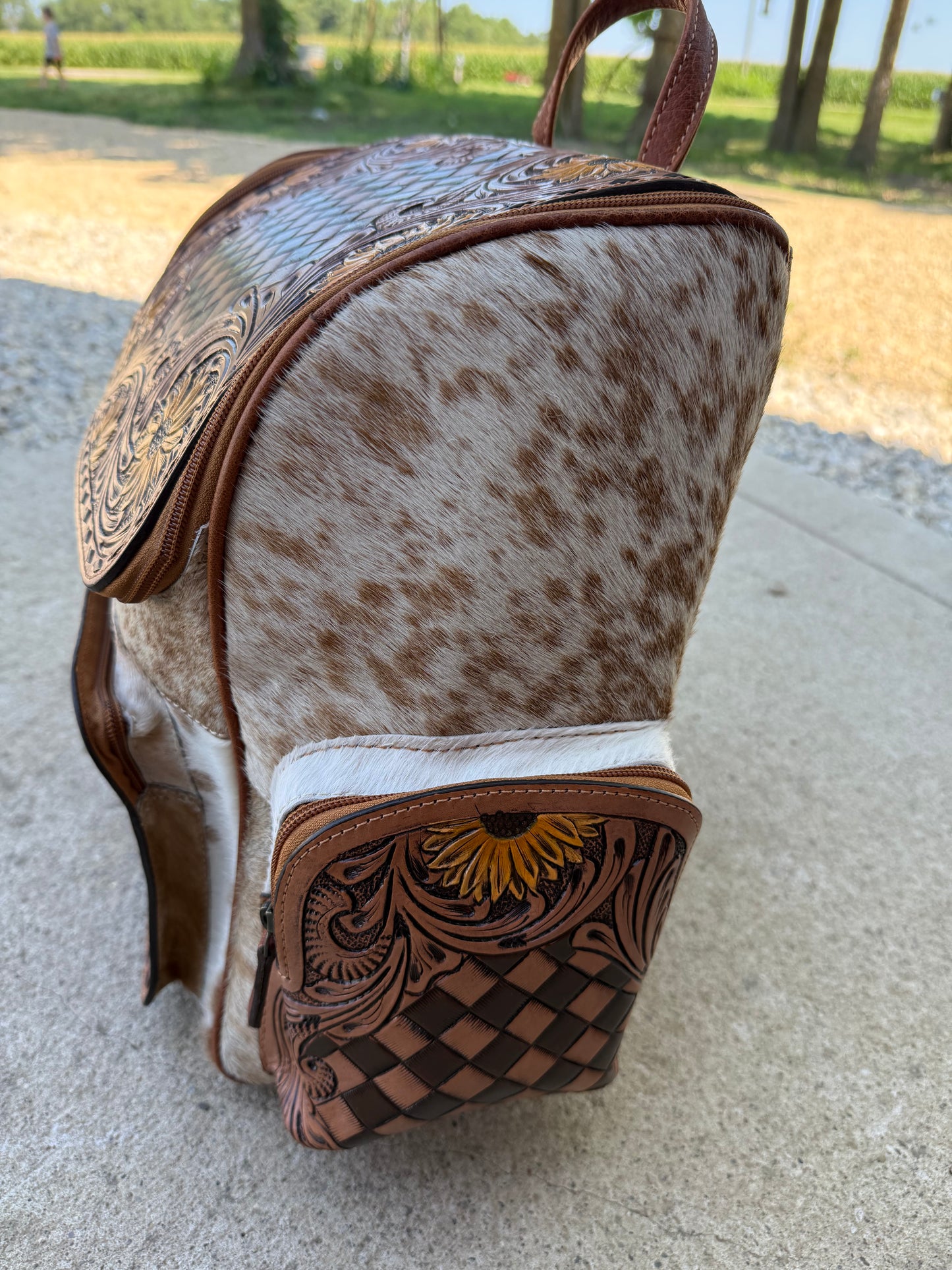 Sunflower Checkered Tooled Leather Brown Cowhide Backpack / Diaper Bag