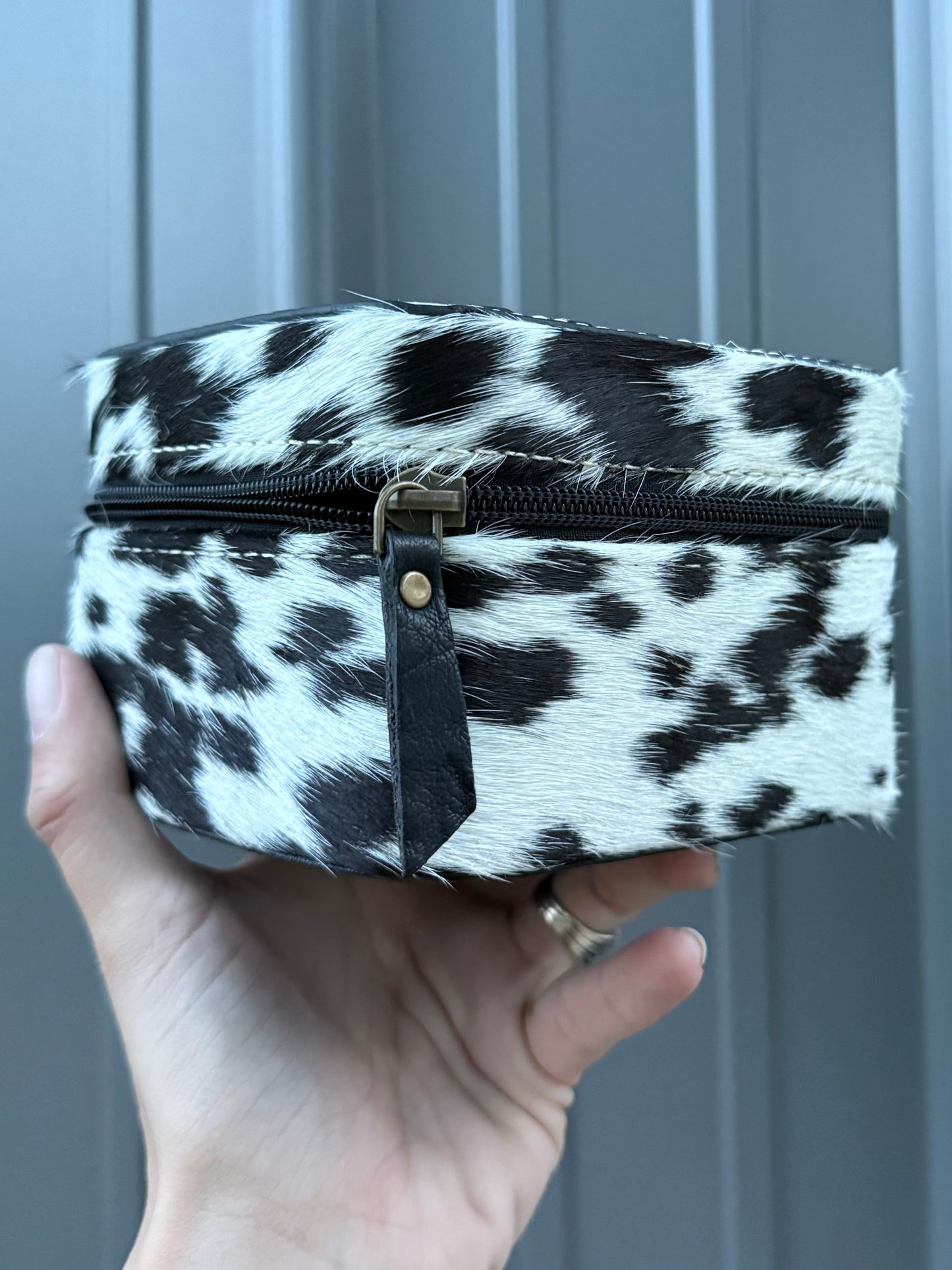 Checkered and Cowhide Square Jewelry Zipper Box
