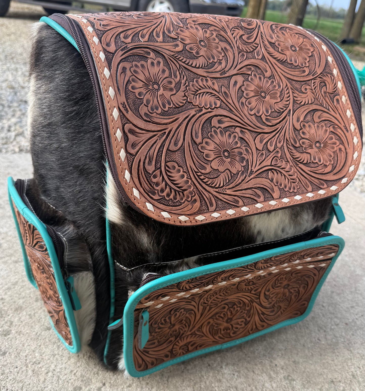 Turquoise Accent Tooled Leather Black Cowhide Backpack / Diaper Bag