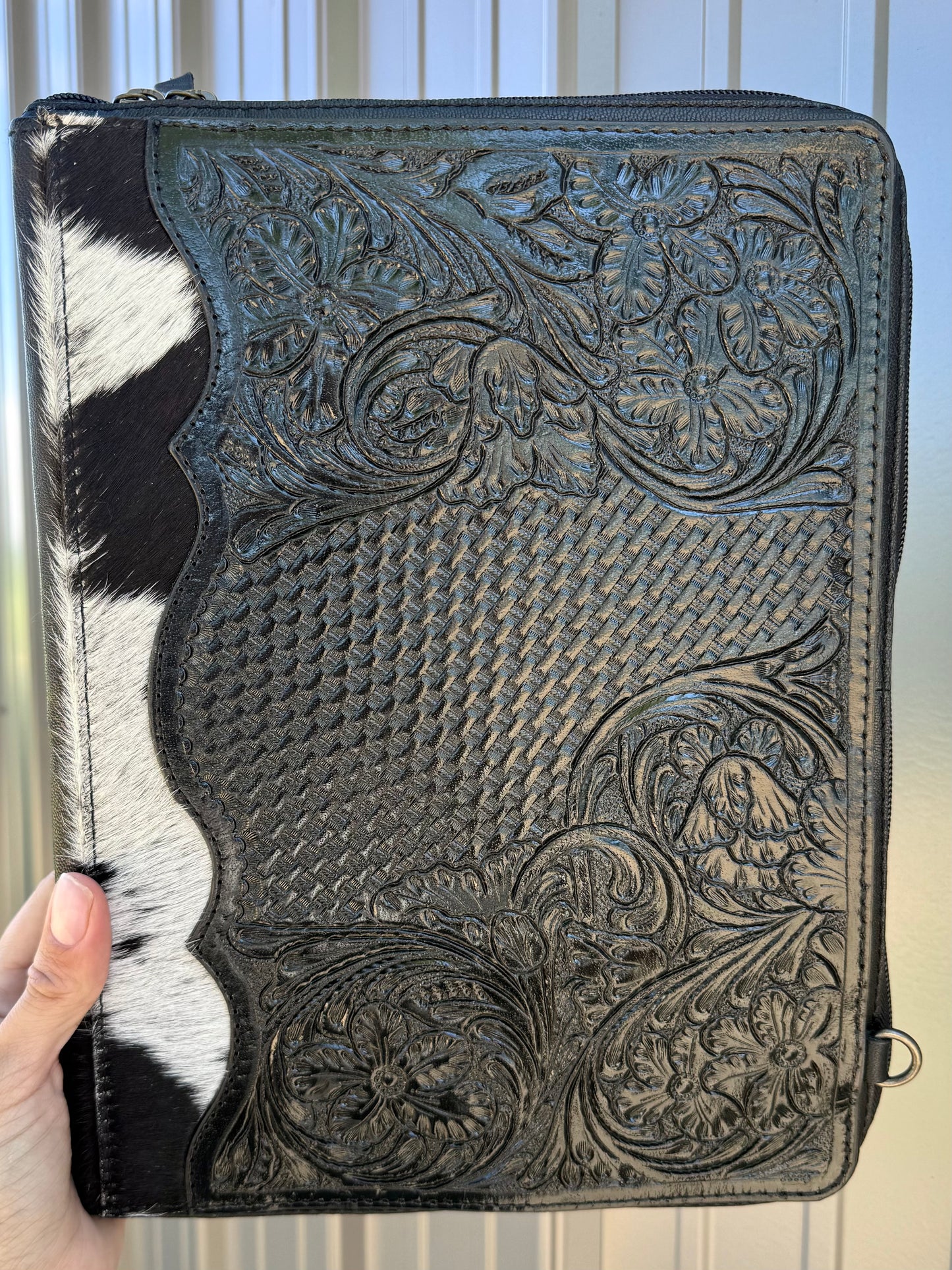 Black Tooled Leather Binder Planner Tooled Leather Cowhide with Crossbody Strap