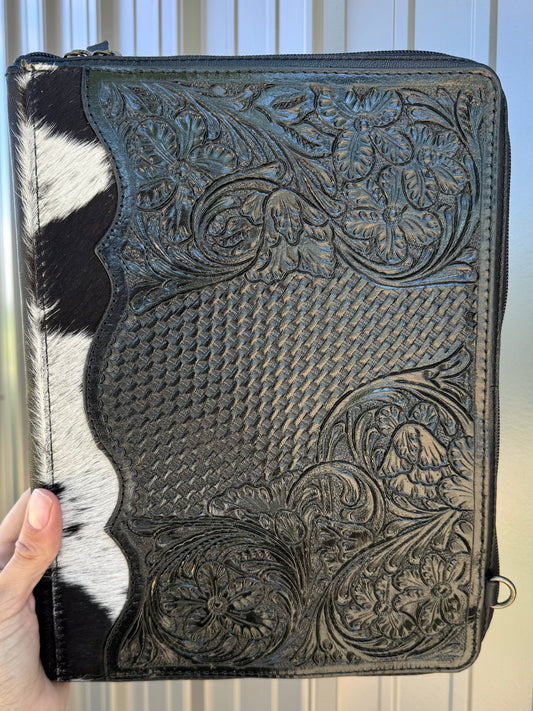 Black Tooled Leather Binder Planner Tooled Leather Cowhide with Crossbody Strap