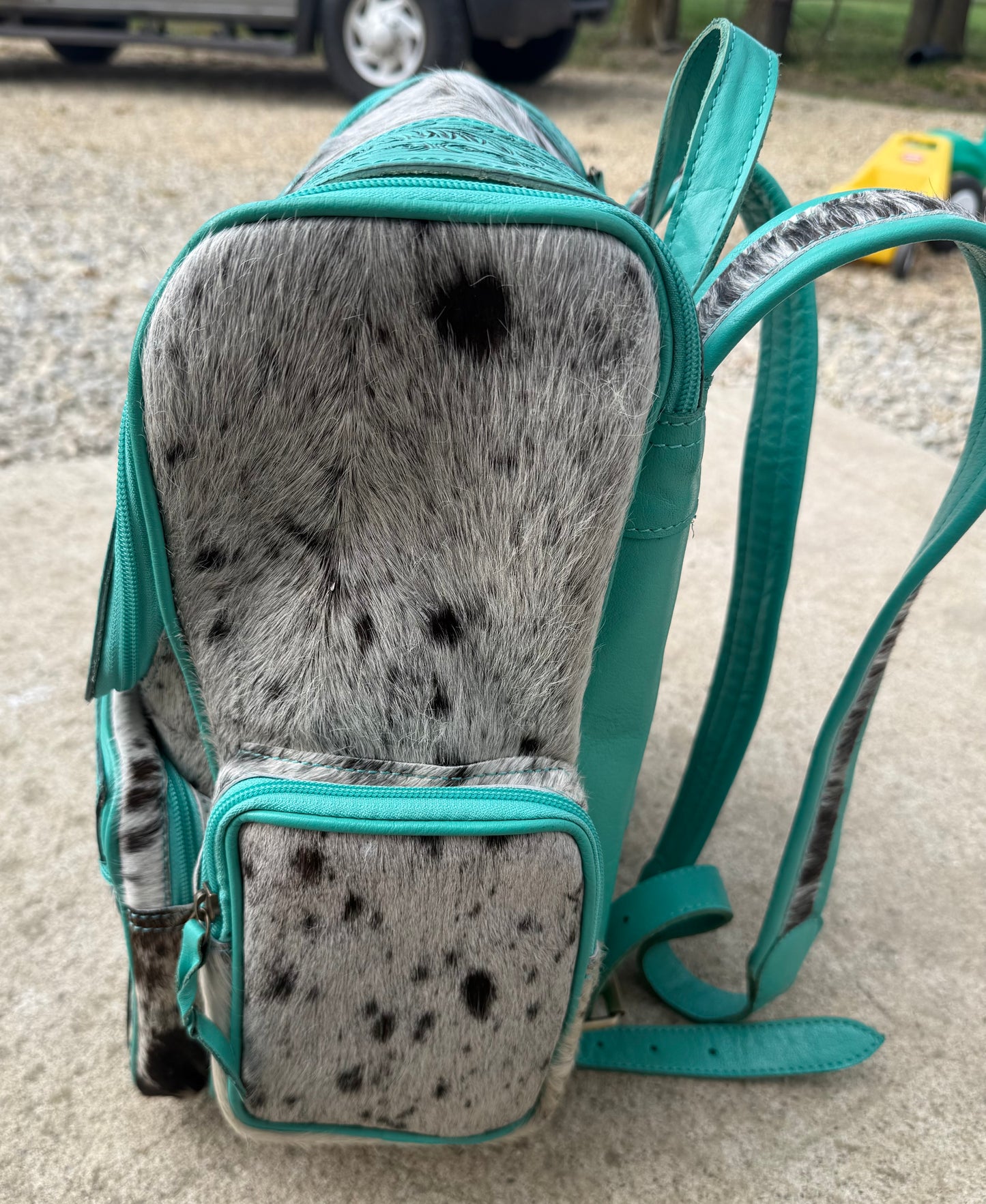 Turquoise Highland Cow Tooled Leather Black Speckled Cowhide Backpack / Diaper Bag