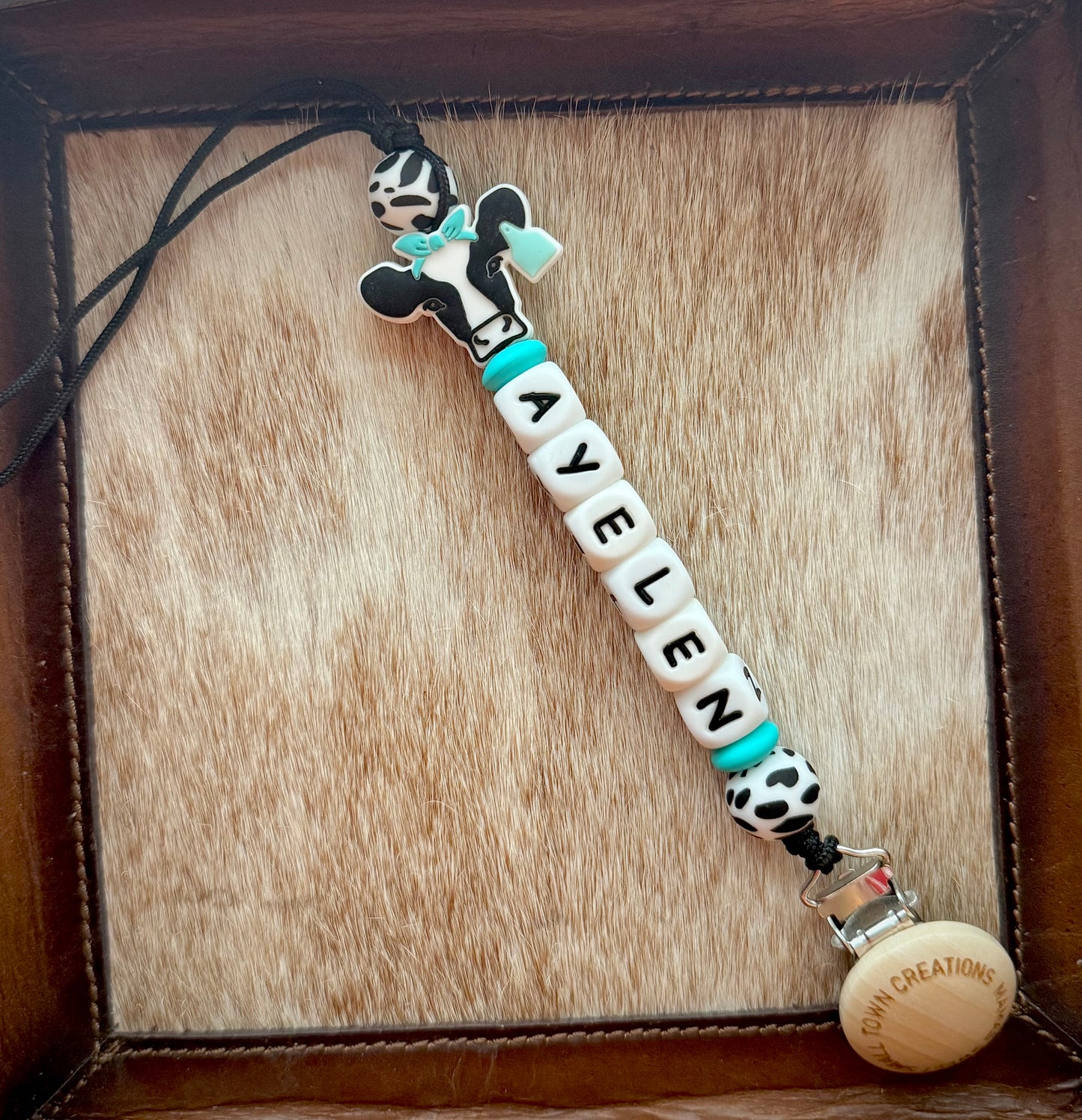 Turquoise Bandanna Black Cow Custom Name Pacifier Holder